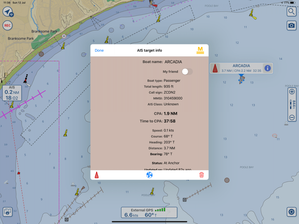 Informations détaillées d'une cible AIS sur Aqua Map